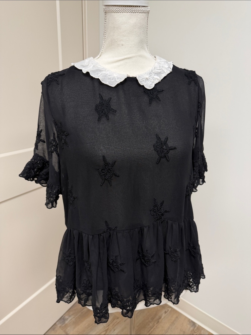 Zara Black Sheer Embroidered Blouse with White Lace Collar